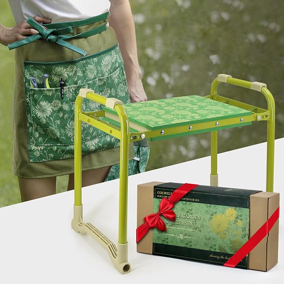 Garden Stool and Kneeler Set, Garden Seat and Kneeler Heavy Duty with 10" Wide Soft Kneeling Pad, Non-Slip Garden Bench for Kneeling and Sitting with Elegant Apron, Gardening Gifts for Women