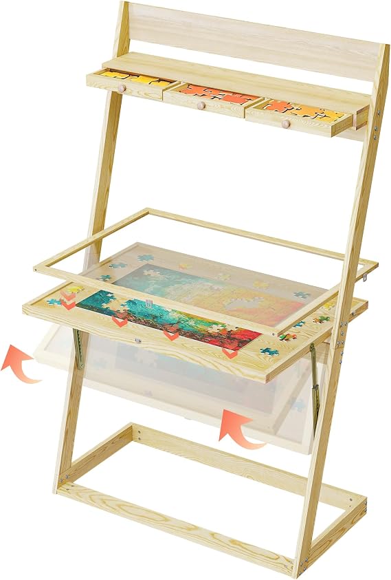 Puzzle Table with Drawers & Cover & Shelf,1000-1500 Piece Jigsaw Puzzle Board with Leg Solid Wood Jigsaw Table for Adults, 0 - 65,Angle Tilting,38"x27"