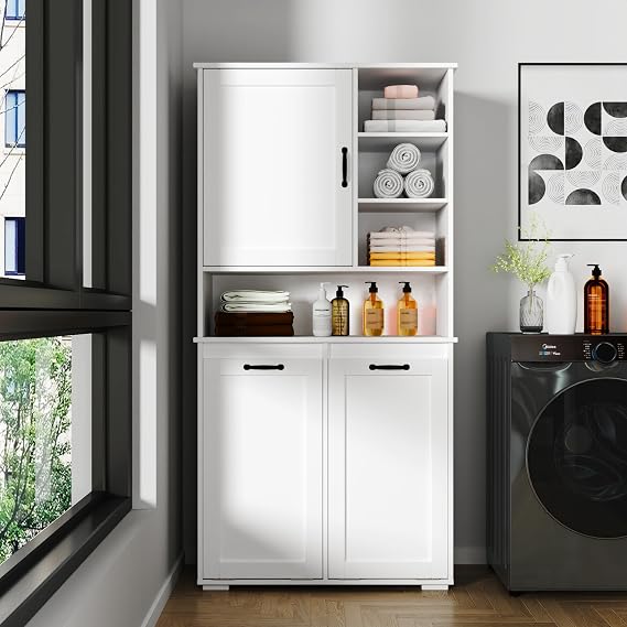 Laundry Room Cabinet with Tilt-Out Hampers and Storage Shelves, White Farmhouse Laundry Hamper Cabinet with Door and Adjustable Open Shelves Freestanding Wooden Organizer for Laundry Room Washroom