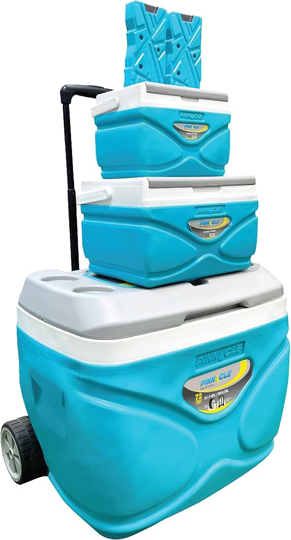 Pinnacle Cooler with Wheels Practical Set of 66L Cooler with Wheels and Handle Includes 30L 11L and 4.5L Camping Coolers and 2 Ice Bricks Cup Holder and Sitting Lid Extended Cooling Time