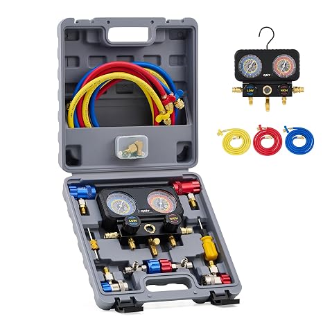 OMT AC Manifold Gauge Set with 5ft Hoses for R1234yf R404a R134a, 3 Way | Includes Quick Couplers Self Sealing Can Taps for Car Freon Charging & Evacuation; Aluminum Body; Ideal for Freon Recharge