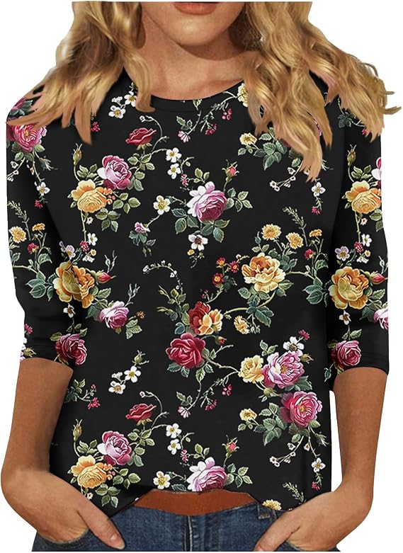 Women's Casual 3/4 Sleeve T-Shirts Round Neck Cute Tunic Tops Basic Printed Tees Loose Fit Business Work Blouses
