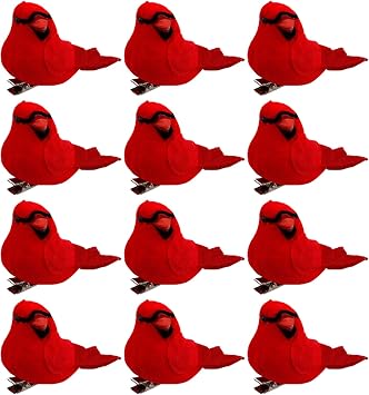 DULRLLY 12 PCS Artificial Christmas Birds - Small Red Cardinal Birds with Clip, Feathered Cardinals for Xmas Tree DIY Craft Wreath Home