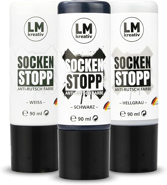 LM-Kreativ Sock Stop 3 x 2.77 fl oz - Black, White, Gray - Non-Slip Fabric Paint | Perfect for Socks, Rugs, and Bath Mats | Washable Up to 86F