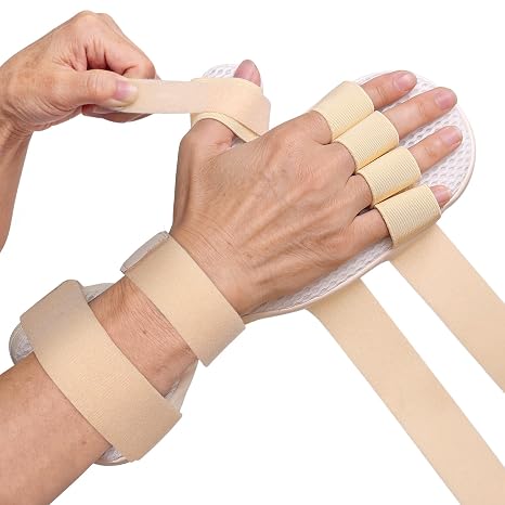 DrFinger Stroke Hand Brace Splint for Straightening Fingers with 5 Fingers Resting Support,Prevent Fingers Curling, Dupuytren's Contractures, Hand Spasms, Fit Right & Left, Men & Women, Beige, Medium