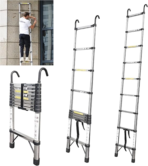 JADDUO 3.8 m Aluminium Telescopic Ladder with Hooks 150 kg Load Capacity Step ladder with 30 cm step spacing and hooks non-slip feet lightweight & compact for home ceiling and attic work