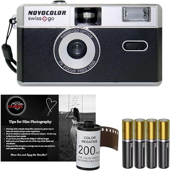 35mm Film Camera Bundle Includes Swiss+Go Novocolor Analogue Film Camera with 35mm 24 EXP Film, Super Alkaline AAA Batteries and Clikoze Film Photography Tips Card (Black)