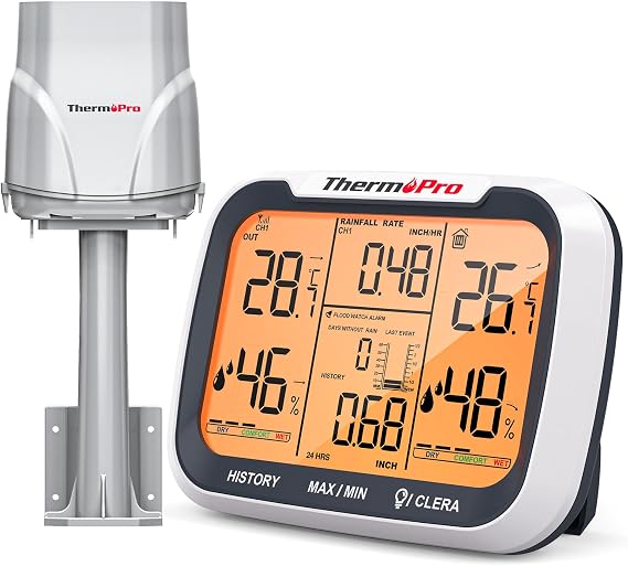 ThermoPro TP270 3 Dış Sensörlü Kablosuz İç ve Dış Mekan Termometre, 183m Menzilli 4 Kanallı Dijital Nem Ölçer ve Hava İstasyonu