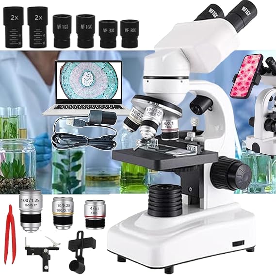 Binocular Compound Microscope 40X-2400X, Research Grade Professional Microscope with Dual LED lighting&Coaxial Coarse/Fine Focus Knobs, Built-in Electronic Eyepieces&Mobile phone holder ,White