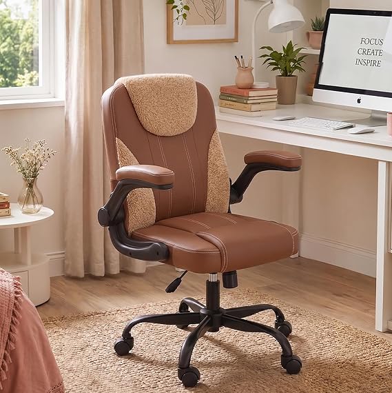 Comfortable Home Office Chair for Long Hours Sitting, Ergonomic Desk Chair with Teddy Fleece & PU Leather, Adjustable Swivel Computer Chair for Work from Home, Bedroom and Vanity Space, Brown