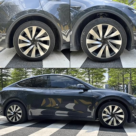Tesla Model Y Juniper (2025+) Uyumlu 19 İnç Uberturbine Stil Jant Kapağı Seti - Gümüş & Siyah (Diamond Cut)
