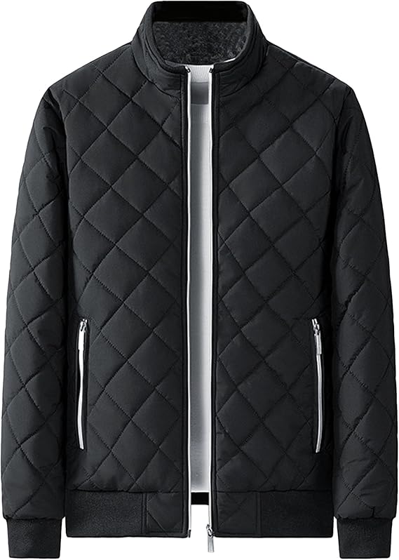 Men's Stand Collar Solid Streetwear Jacket Winter Bomber Diamond Quilted Coat Classic Rib Lightweight Coats (Black,4X-Large)