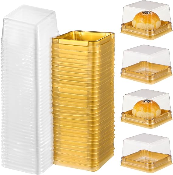 SEWACC 50pcs Mooncake Box Mini Cake Container Small Clear Plastic Cupcake Box with Lids Single Square Muffin Cookies Packing Containers for Individual Chocolate, Wedding Birthday Party