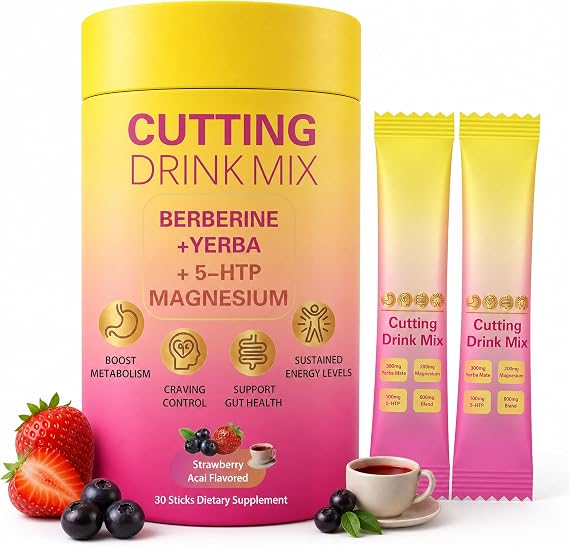 Cutting Drink Mix Berberine Supports Healthy Digestion,Energy & Gut Health with Magnesium,Yerba Mate & 5-HTP,Vegan,Sugar-Free,Non-GMO,Strawberry Acai Flavored 30 Sticks