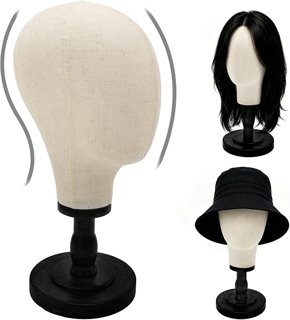 Wig Head Stand with Wood Base,Canvas Mannequin Head Wig Stand for Styling