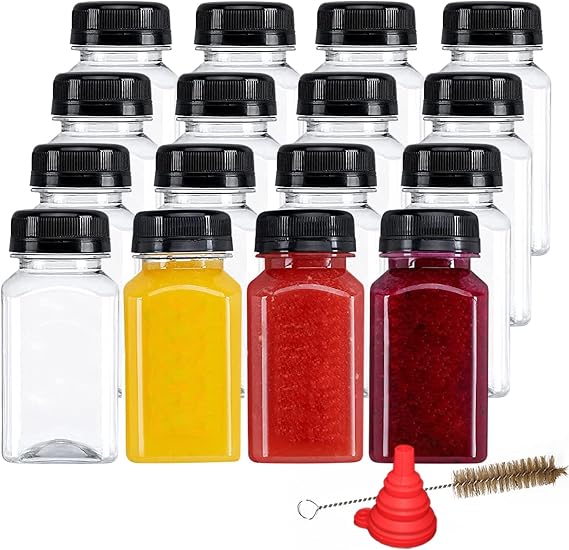 YBCPACK 16 Pack 150ml Plastic Shot bottles with Lids, Small Juice Bottles