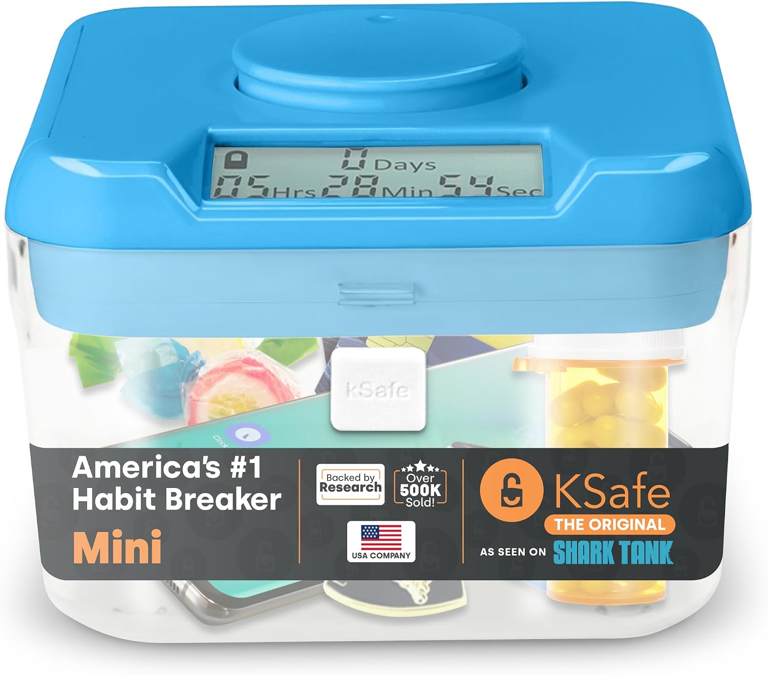 KSafe Timer Lock Box for Phone, Snack, Medicine - Cell Phone Prison & Food Safe with Timer - Time Lock Container for Better Habit and Addiction Management Mini, Blue Lid  3 Clear Base