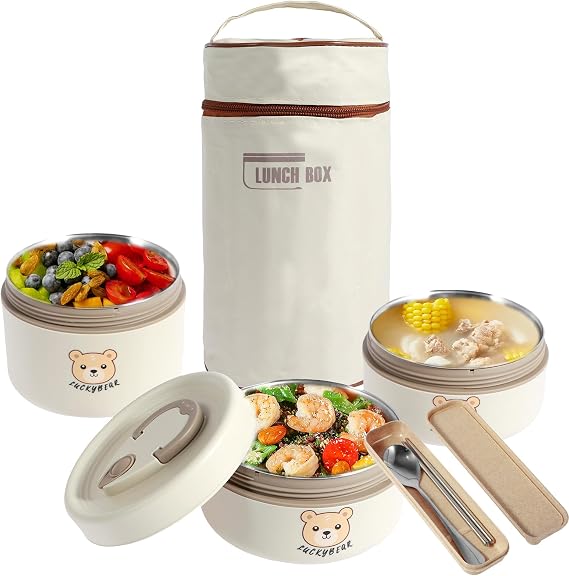 3/4 Pack Food Box Stackable Adult Lunch Box Portable Insulated Food Container Leakproof Bento Box with Chopsticks Spoon Insulated Bag Stainless Steel Food Container for Kids and Adults(3 box)