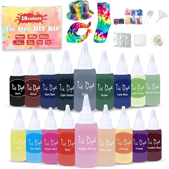 Tie Dye Kit for Kids and Adults, Fabric Dye for Clothing, 18 Pack, 60 ml