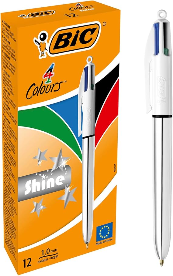 BIC 4 Colours Shine Gümüş Gövde Tükenmez Kalem 12'li Kutu, 4 Renk (Mavi, Siyah,Yeşil ve Kırmızı), 1.0 mm. Uç