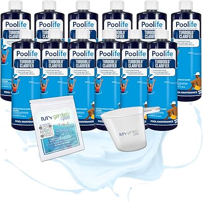 Poolife TurboBlu Clarifier Concentrated Pool Water Clarifier for Clear Water Boosts Filter Efficiency Includes My Garden Pool Scum Socks, 7-in-1 Test Strips & Pool-IQ AI Assistant 12 Pack