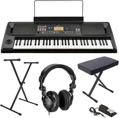 Korg EK-50 61-Key Arranger Entertainer Keyboard Black, Starter Bundle with Bench, Stand and H&A Studio Headphones