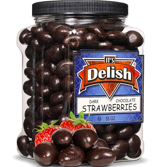Dark Chocolate Covered Dried Strawberries by It's Delish, 55 OZ Jumbo Container | Gourmet Dark Chocolate Covered Strawberry Fruit Snacks Bulk Chocolate Candy | Vegan, Kosher