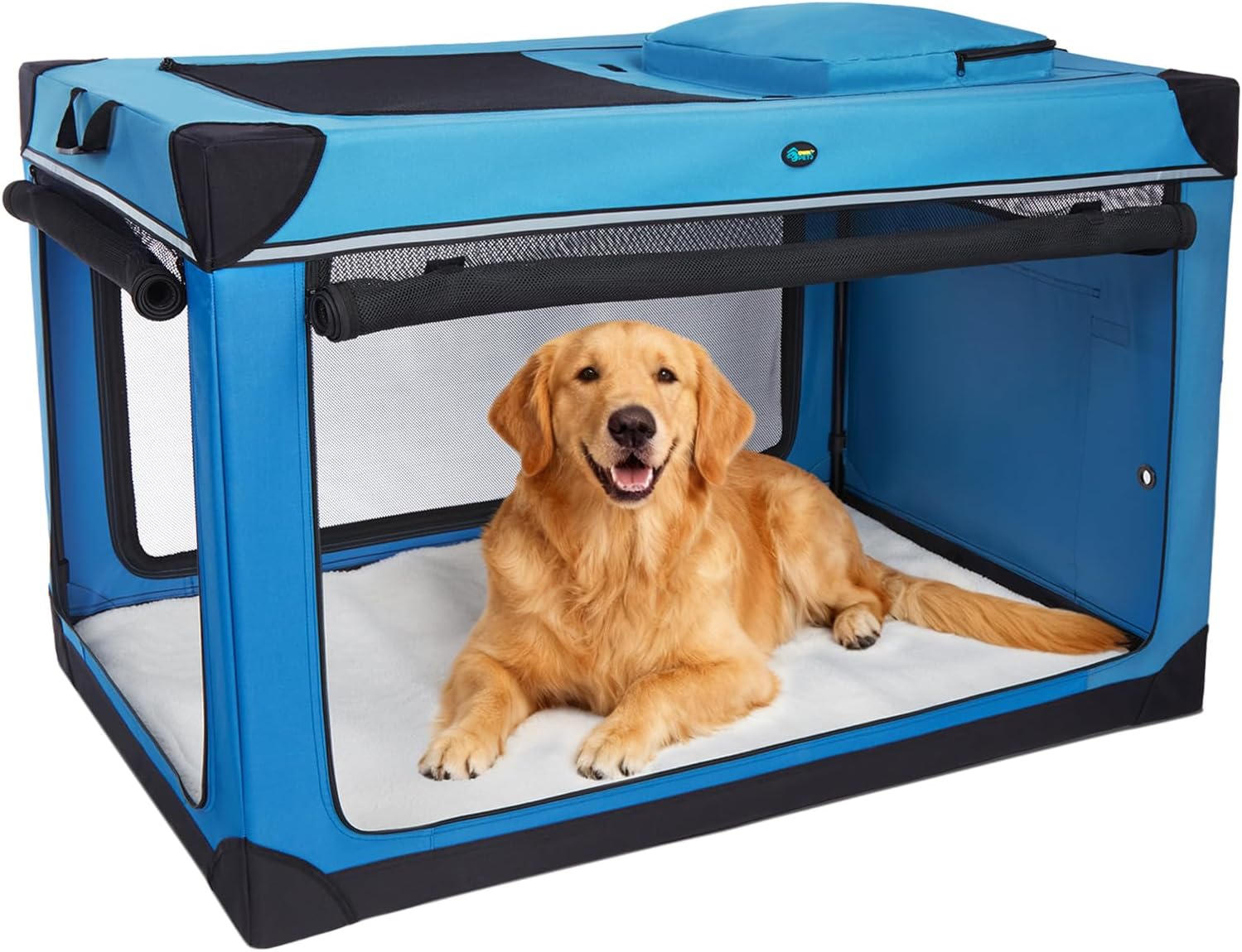 Ownpets 4 Door Folding Dog Crate, Portable Pet Crate with Strong Yet Lightweight Steel Frame for Dogs & Cats, 121.9x78.7x78.7CM Detachable Soft Dog Kennel for Camping,XXL,Blue