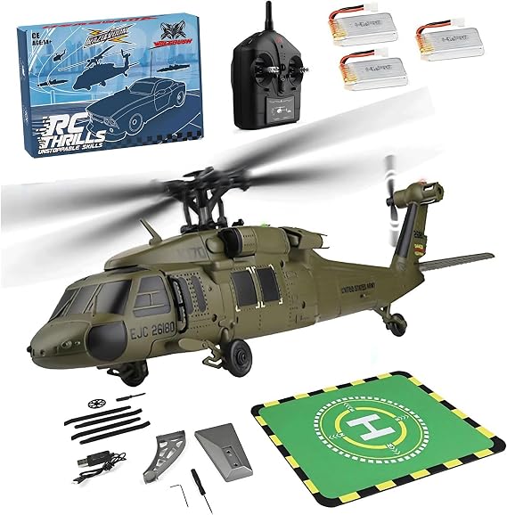 WL K170 RC Helicopter, 2.4G 4CH Flybarless 6-Axis Gyroscope Altitude Hovering RC Military Helicopter with Display Stand and Apron Takeoff Landing Pads (RTF Version)