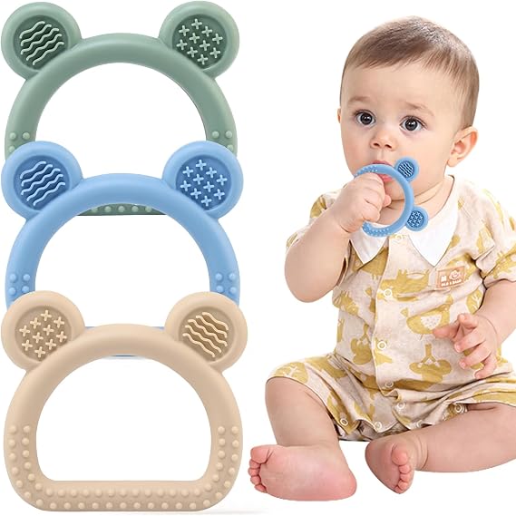 JoyPlus 3 PCS Teething Toys for Baby, Silicone Teether Teething Ring for Babies, Teething Relief Chew Toys, Bear Baby Teething Toy 3-12 Months, Newborn Essentials for Teething Relief, BPA Free