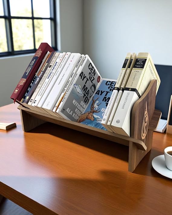 Masaüstü Portatif İşlemeli Desenli Kitaplık 45 cm x 14,5 cm x 21 cm (Hareli Ceviz - İkra, 21x14,5x45)