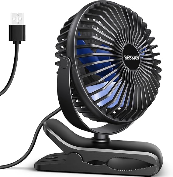 BESKAR USB Clip on Fan, Portable Small Desk Fan with Cord Powered | 3 Speeds Strong Airflow, Sturdy Clamp, Ultra Quiet Personal Cooling Fan for Office Dorm Bedroom Stroller