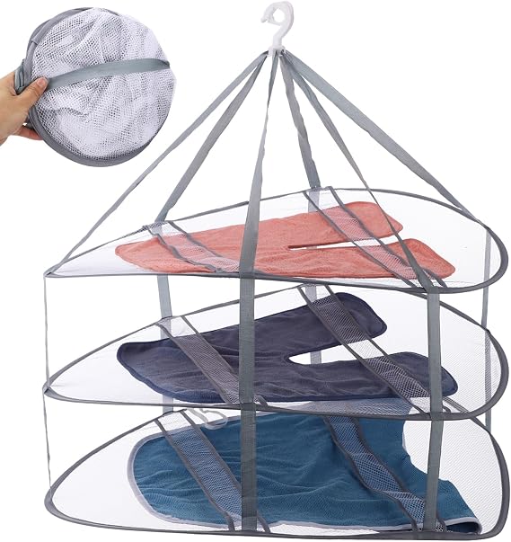 2 Pcs Laundry Drying Rack, 3-Tier Foldable Hanging Mesh Dryer with Windproof & Rotating Hook, 77 x 61 x 78 cm Large Capacity Sweater Drying Rack, White
