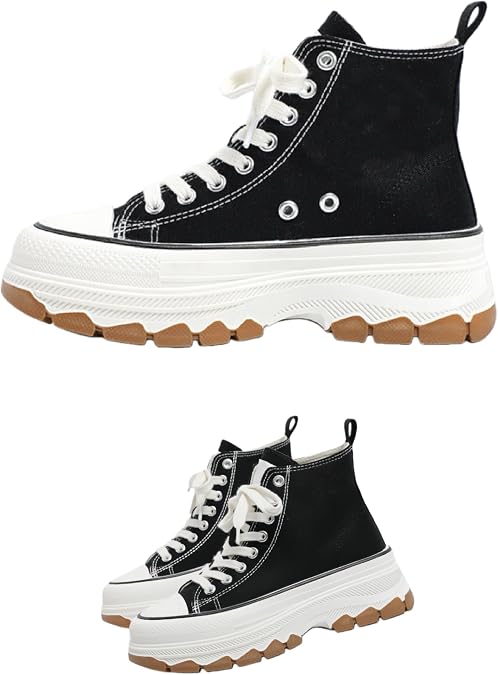 Women's High-top Canvas Sneakers - Protective Toe- Cross Laces- Breathable Lining- Non-Slip Durable Sole- Versatile Fashion Casual Platform Shoes for Daily Wear.