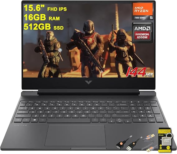 HP Victus 15 Gaming Laptop 15.6" FHD IPS 144Hz (AMD FreeSync Premium) AMD Hexa-core Ryzen 5 7535HS 16GB RAM 512GB SSD Radeon RX 6550M (>RTX3050) Backlit USB-C Fast Charging Win11 w/ICP Accessory