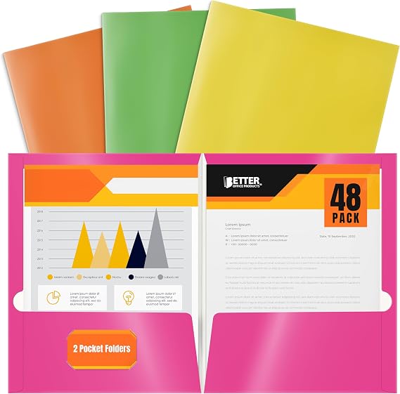 Better Office Products 2 Pocket Glossy Laminated Neon Paper Folders, Letter Size, Neon Paper Portfolios, Box of 48-4 NEON Colors