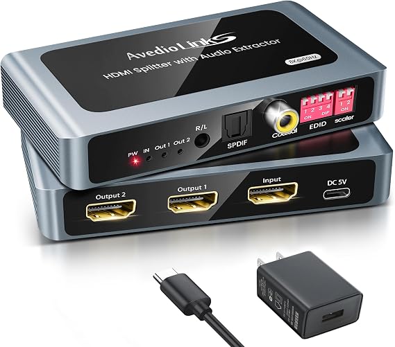 8K@60Hz HDMI Splitter 1 in 2 Out with Audio Extractor, HDMI 1x2 Spdif Coaxial 3.5mm Stereo Audio Output, Support 4K@120Hz, HDR10, VRR, ALLM, 48Gbps, Dobly Vision Atmos, HDCP2.3 Bypass, DownScaler