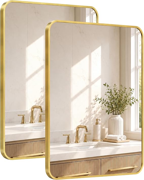 2-Pack 24x36 Inch Brushed Gold Rounded Rectangle Vanity Mirrors