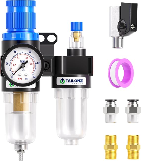 TAILONZ 1/4"NPT Pneumatic Filter Regulator Lubricator AFC2000 | Aluminum&Black,Removes Moisture and Particles with Pressure Adjustment,for Compressors,Spray Guns,and Workshop Air Tools.