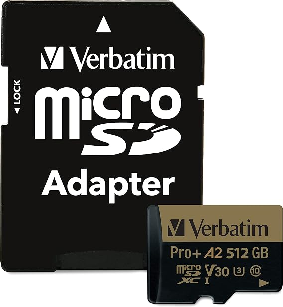 Verbatim 512GB Pro Plus 666X microSDXC Memory Card with Adapter UHS-I V30 Class 10 Supports 4K Video Recording U3 Speed Rated Up to 100MB/s Read Speed with A2 Rating