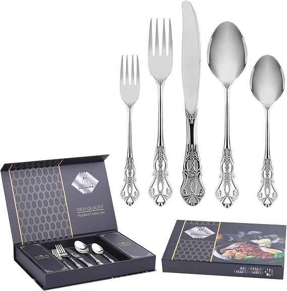 20 Piece Gorgeous Retro Royal Silverware Set for 4, Premium Stainless Steel Flatware Set with gift box, Mirror Polished Cutlery Set Including Spoons and Forks, Vintage Utensils, Dishwasher Safe