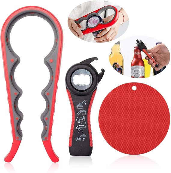 Jar Bottle Opener Non Slip Jar Gripper - Pad Rubber Jar Can Lid Opener,5 in 1 Multi Function Non-Slip Opener for Weak,Senior, Arthritis Hands (3-piece set)