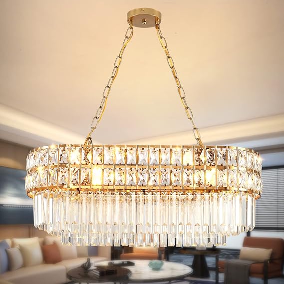 Modern Crystal Chandelier Gold Finish Light Fixture, Oval Crystal Pendant Light Hanging Lamp, for Living Room, Dining Room, Restaurant, E14 x 8, 75 x 33cm [Energy Class B]