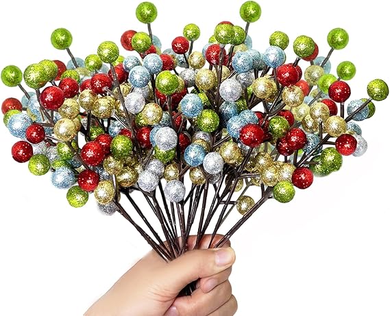 24 Pack Christmas Glitter Berries Stems, 8.5 Inch Artificial Christmas Picks, Berry Branches for Christmas Tree Ornaments, DIY Wreath, Crafts, Holiday and Party Decor (Colorful A)