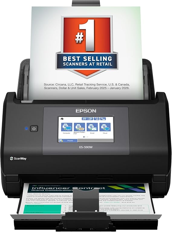 Epson Workforce ES-590W Wireless & USB High-Speed AI & Cloud Ready Desktop Color Duplex Document Scanner for Mac & PC, up to 45 ppm, Large 4.3" Color Touchscreen, 100-Page Auto Document Feeder