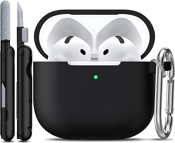 R-fun Compatible with Airpods 4th Case with Cleaning Kit, Soft Silicone Case with Keychain, Full Protective Case for Men and Women, Compatible with Apple Latest Airpods 4th,Black