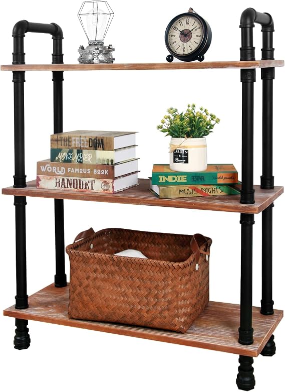 HouseAid 3 Tier Industrial Pipe Etagere Bookcase, Rustic Farmhouse Standing Shelf, Real Pine Wood Open Shelves for Living Room, Bathroom and Kitchen, Wall Mounted, Matte Black (39.431.511.8)