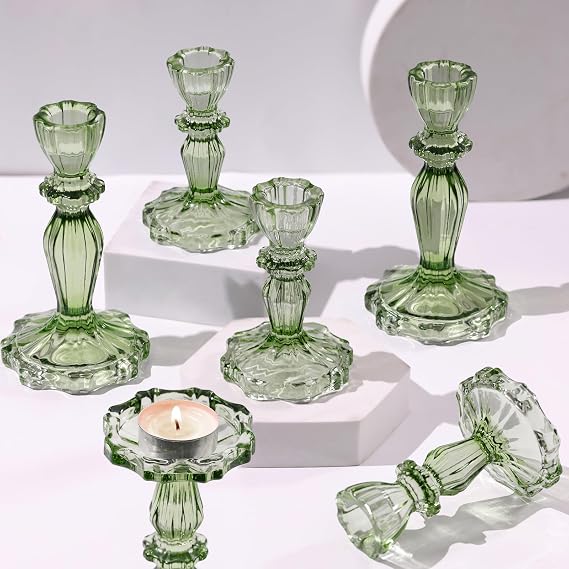 Green Candlestick Holders Set of 6, Glass Taper Candle Holders