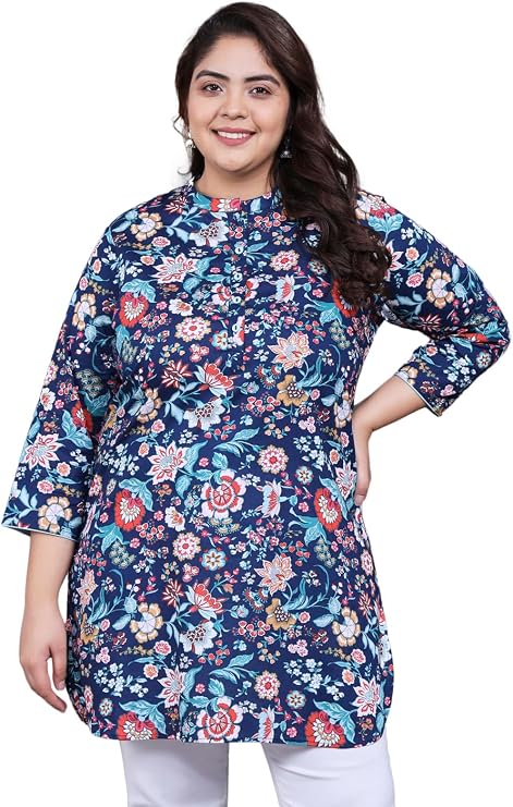 Tissu Women's Plus Size Blue Floral Printed Tunic Kurti