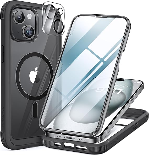 miracase Glass Series for iPhone 15 Case [Compatible with MagSafe] Full-Body Magnetic Bumper Case with Built-in 9H Tempered Glass Anti-Fingerprint Screen Protector + Camera Lens Protector, Black